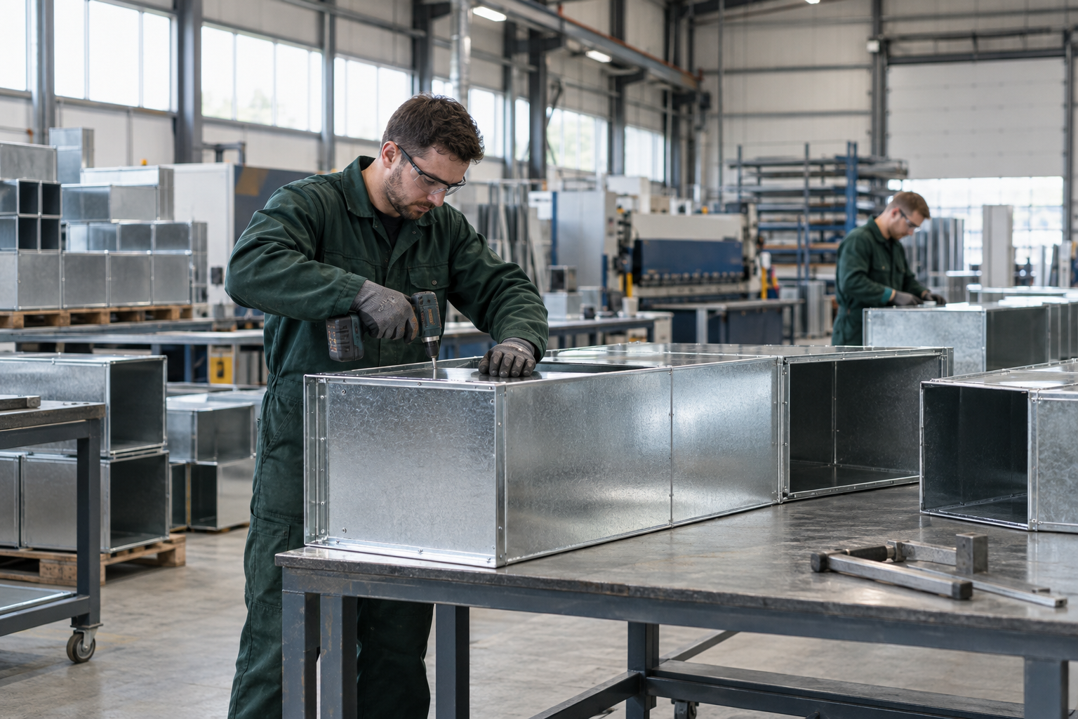 Engineers assembling galvanised steel ductwork in a fabrication workshop